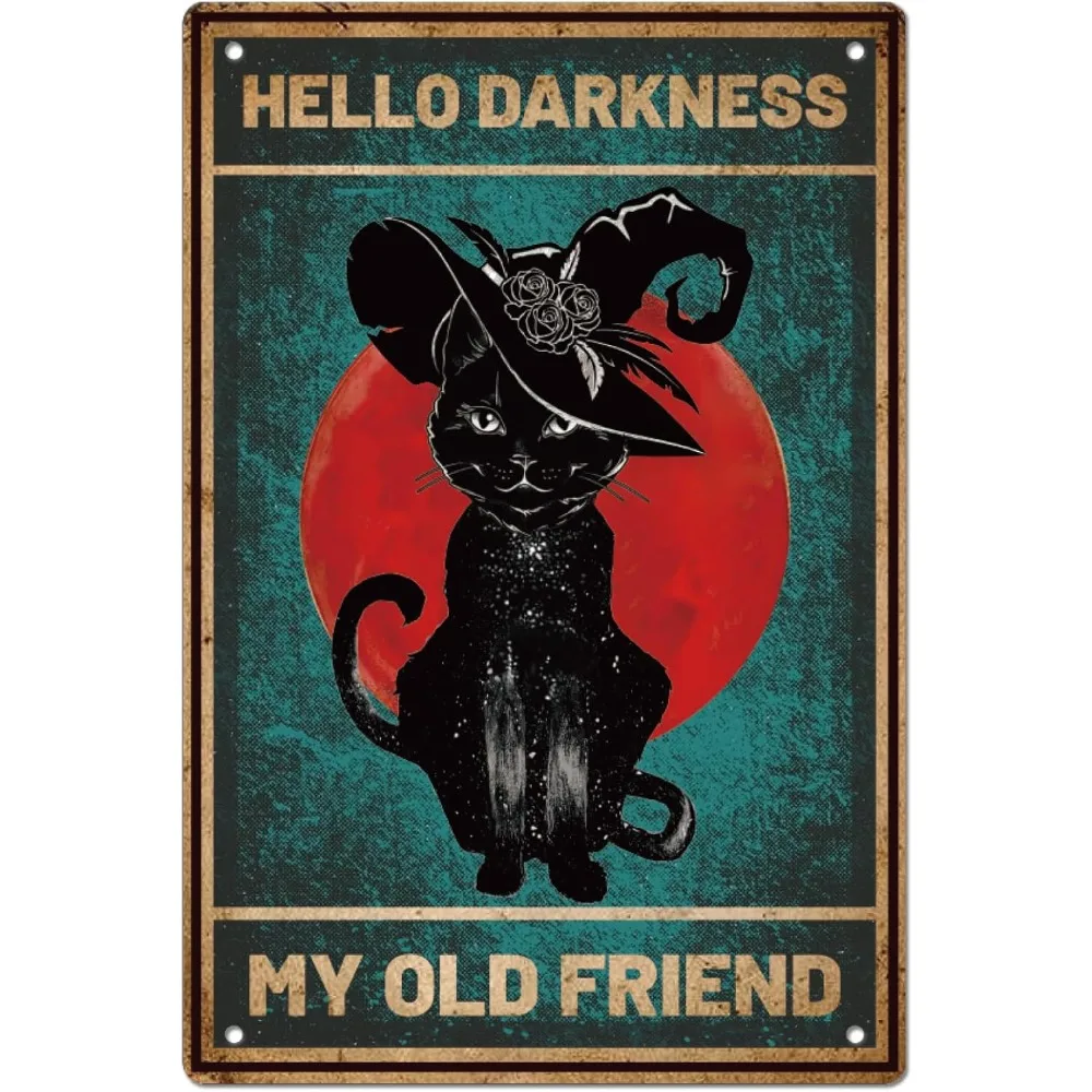 Cat Witch Metal Tin Signs Vintage Black Cat Art Iron Halloween Wall Decor Hello Darkness My Old Friend Quotes Plaque Retro