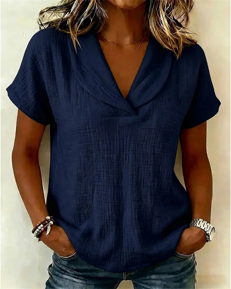 2026 Amazon Cross-border Women's Summer New Short Sleeve Crepe Casual Fashion V-neck T-shirt
