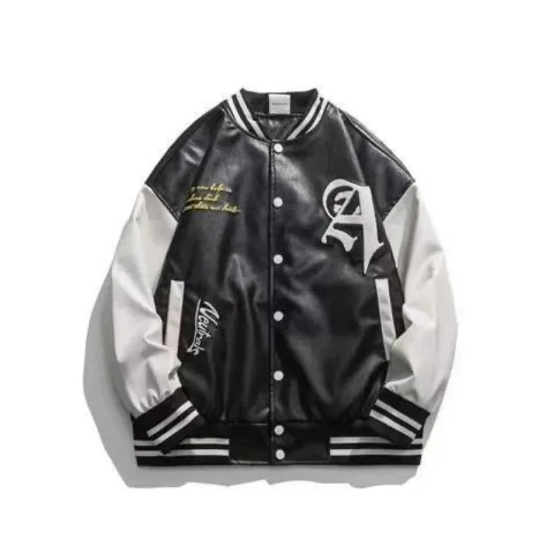 2026 2024 New American Retro High PU Leather Baseball Uniform Men And Women Y2K Couple Bomber Jacket Top Street Casual Ja view 2