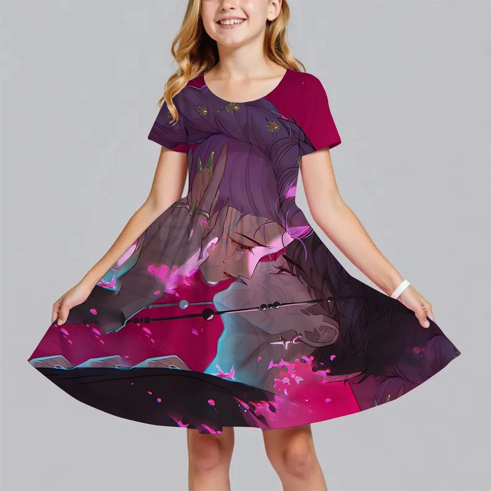 فستان بناتي صيفي أنيق من البوليستر خفيف الوزن برسوم كارتونية لطيفة من Huntrix Kpop Demon Hunters مطبوع بأكمام قصيرة فستان الأميرة #6