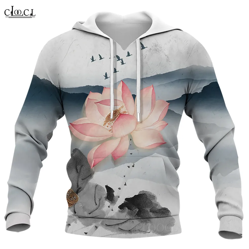 Hx nova moda hoodies paisagem pintura planta lótus arte 3d impresso moletom das mulheres dos homens casual streetwear harajuku hoodie