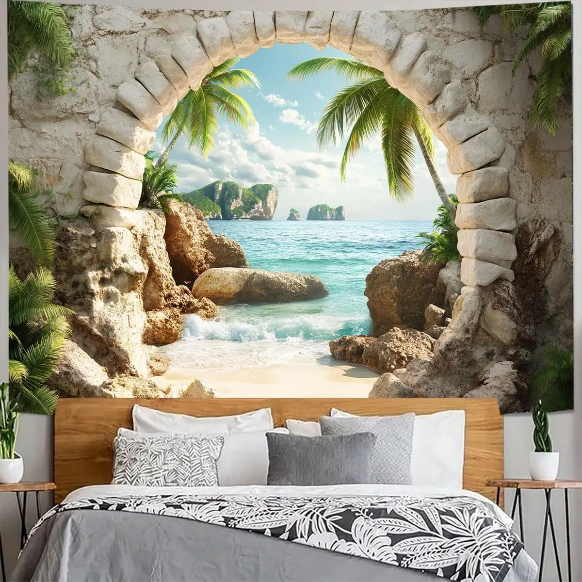 Tapisserie décorative de plage, océan, mer, île tropicale, palmier, vue panoramique depuis la fenêtre, paysage tropical d'été, décoration murale, nature