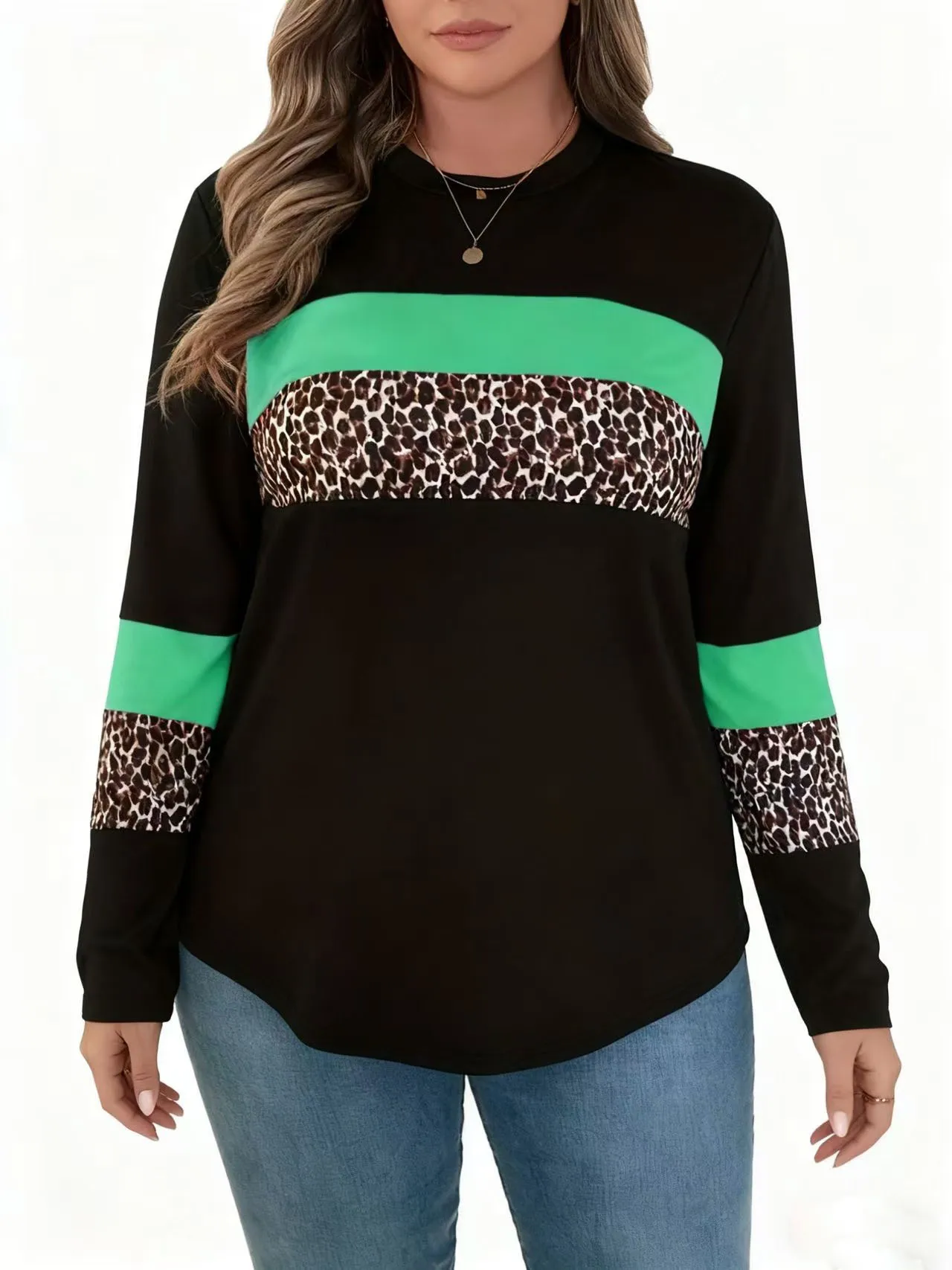 Elegantes Farbblock-T-Shirt in Übergröße, bedruckt, Rundhalsausschnitt, lässiges T-Shirt, perfekte Wahl für Frühling und Herbst, Kleidung in Übergröße.