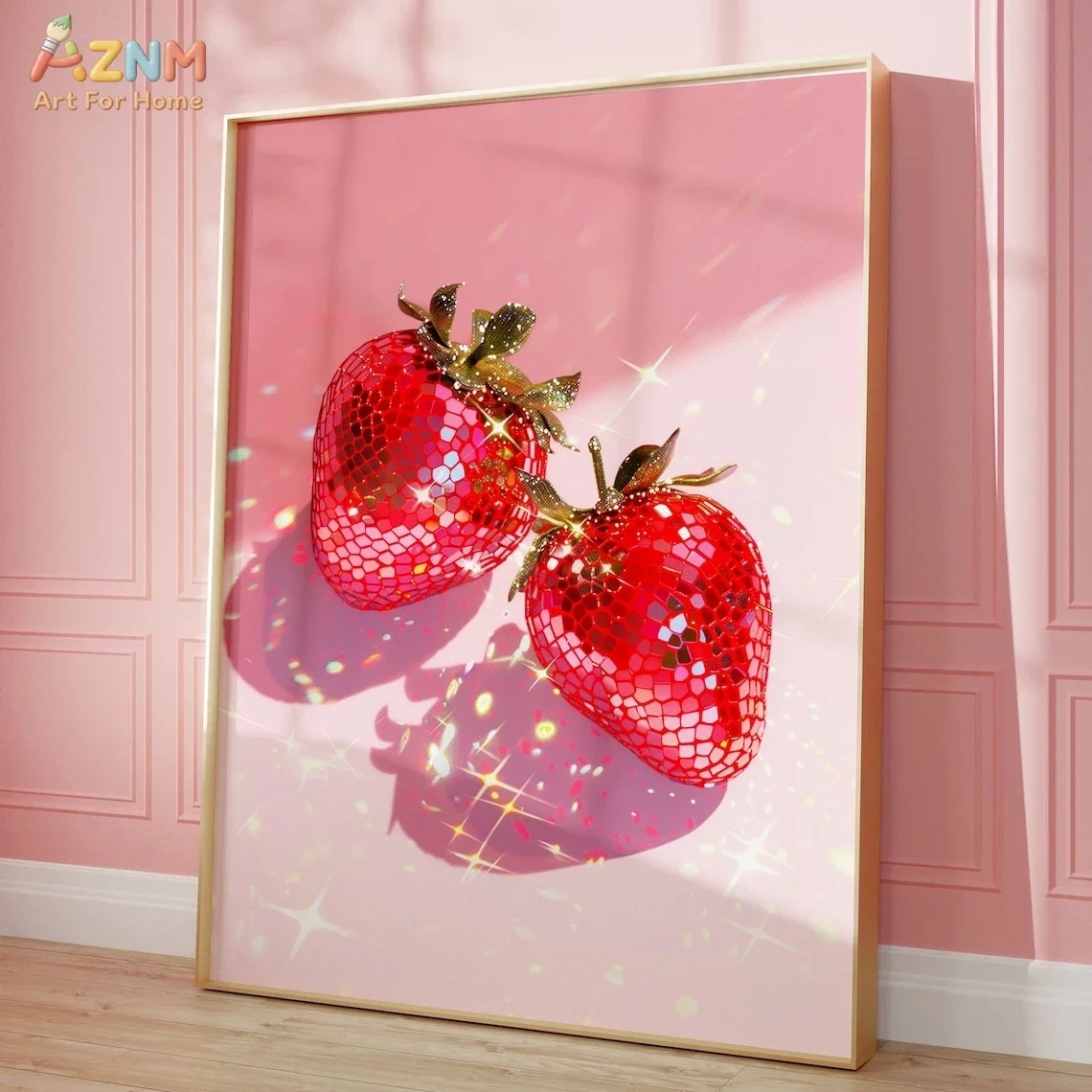 AZNM Disco Ball Strawberry Canvas Print, Sparkling Red Fruit Pink Background Unframed Canvas Painting, Trendy Aesthetic Wall Art