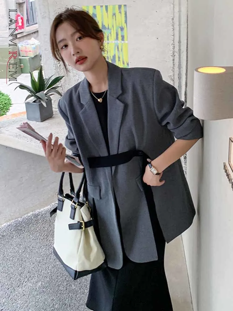 LANMREM Ribbon Slit Blazer Coats For Women Notched Long Sleeves Loose Fashion Clothing Office Lady Casual Korean Style 2R8135