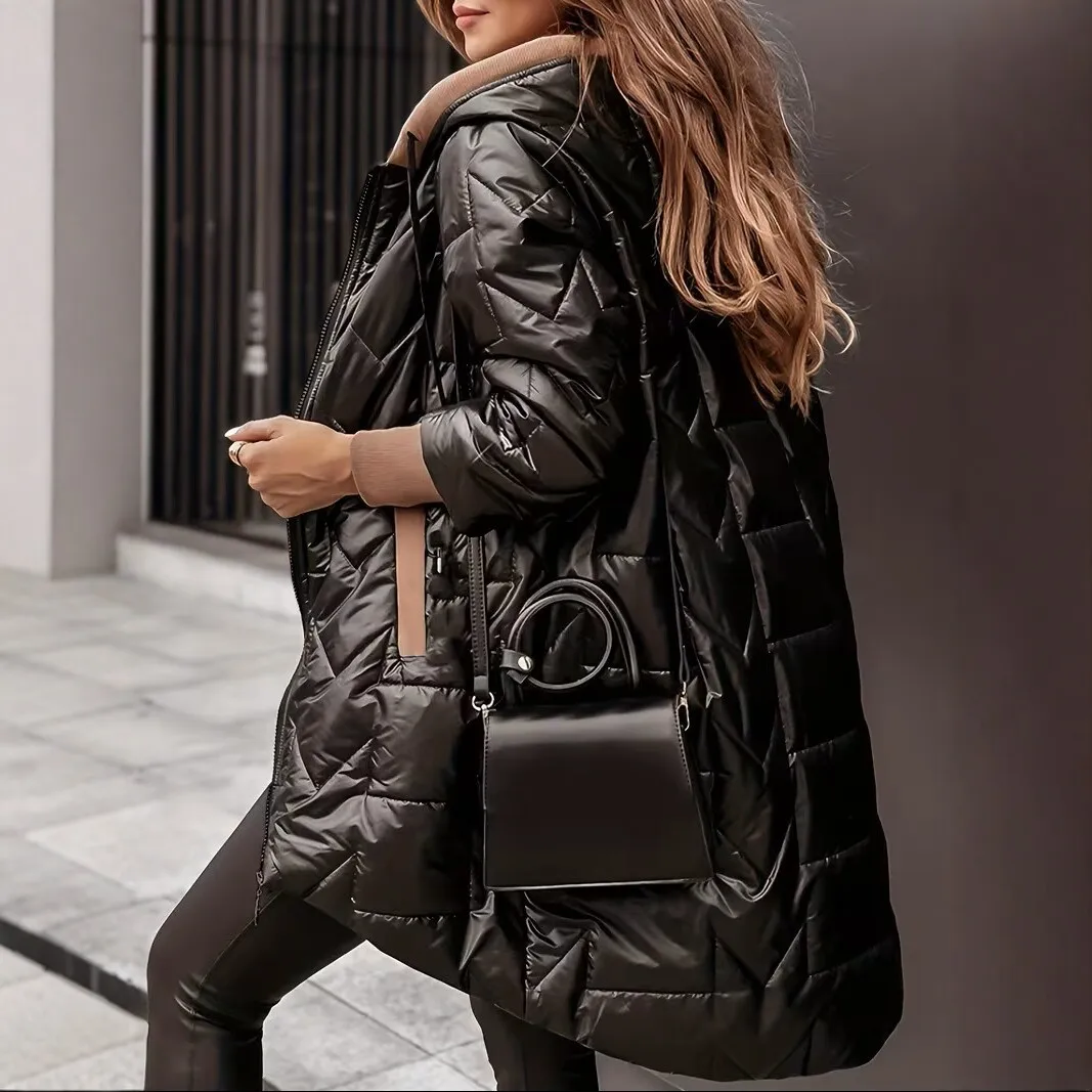 Winter Hooded Loose Solid Color Zipper Cotton Jacket Women Quilted Puffer Coat Fleece Lined Long Warm Irregular Hem Outerwear