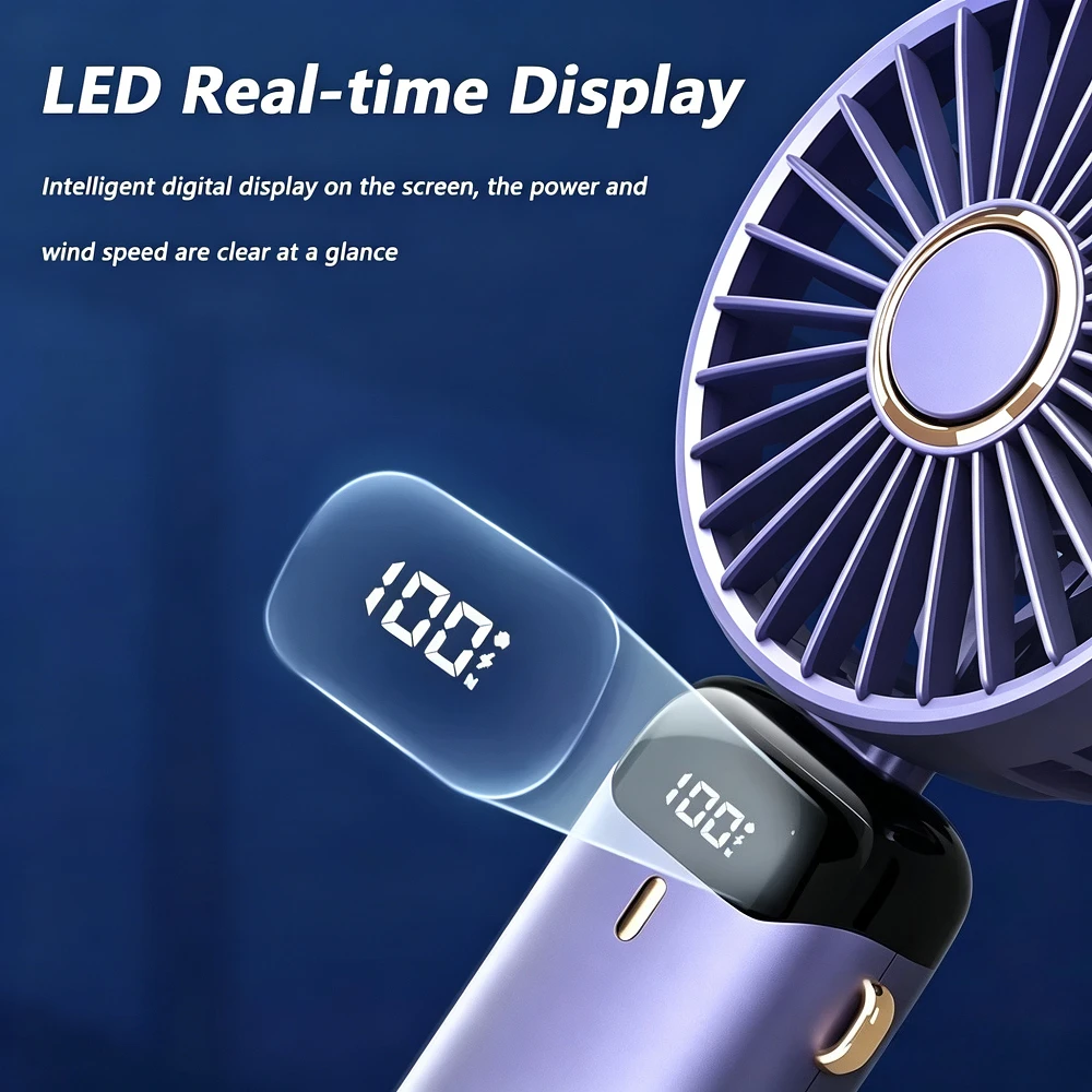 USB Handheld Mini Fan Foldable Portable Neck Hanging Fans 5 Speed USB Rechargeable Fan with Phone Stand and Display Screen