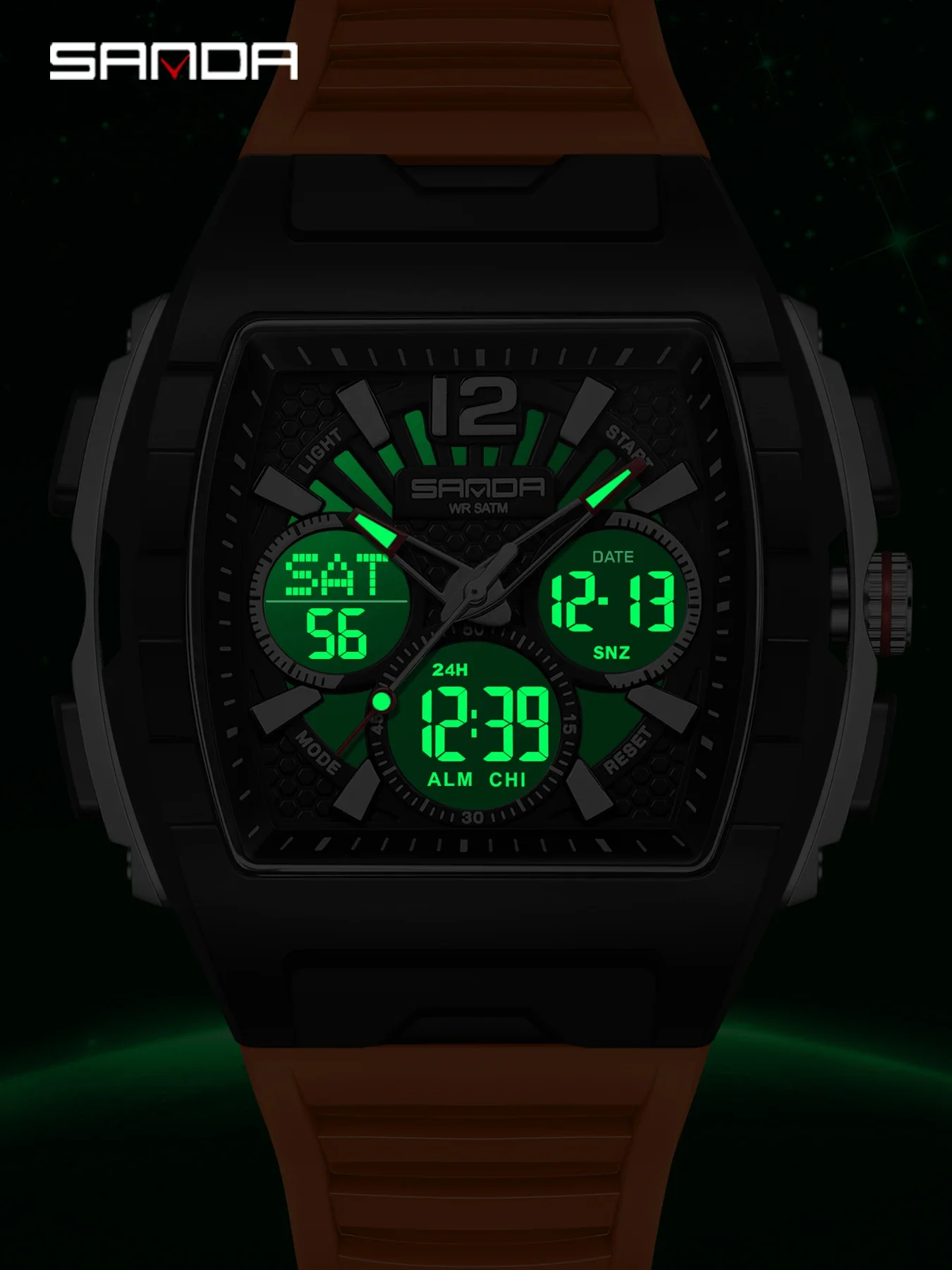 SANDA Fashion Trend Dual-display Men's Quartz Watch Sports Waterproof LED Analog Digital Countdown Electronic Male Wristwatch
