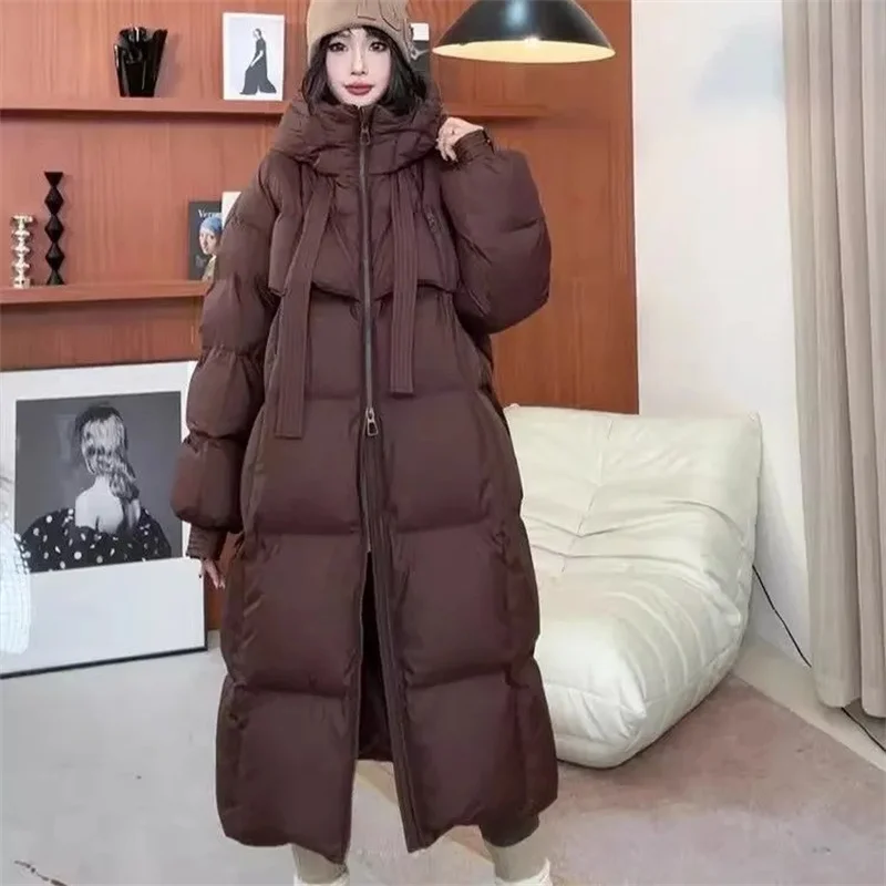 Doudoune en résine blanche pour femme, manteau à capuche épais, parka chaude, pardessus long noir, mode coréenne, hiver 2024