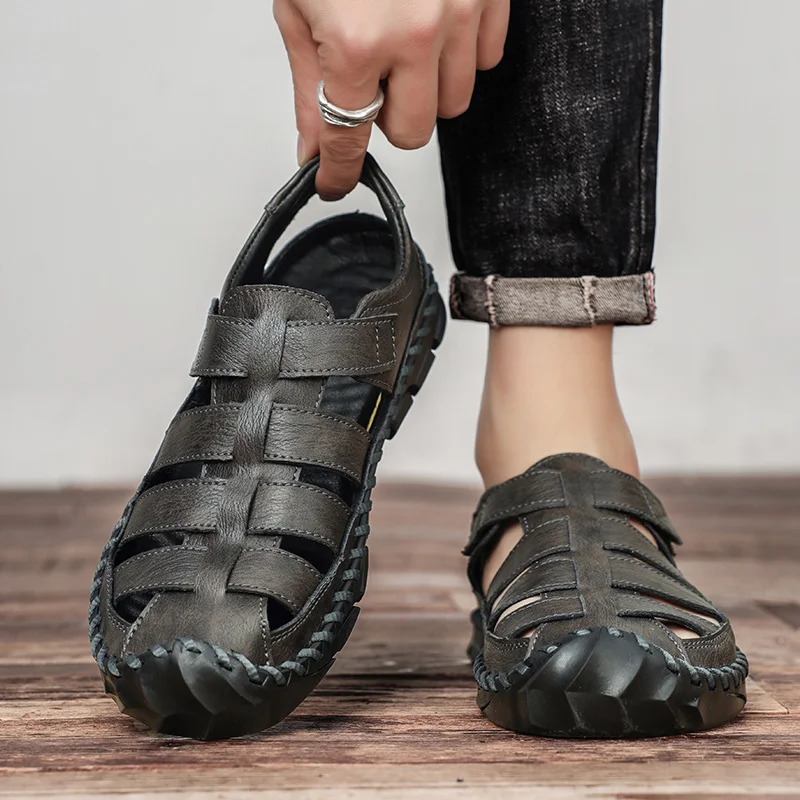 Simple Summer Men Sandals Outdoor Leather Mens  Non-Slip Slides Classic Half Drag Casual Beach Shoes Leisure Walk Male Slippers