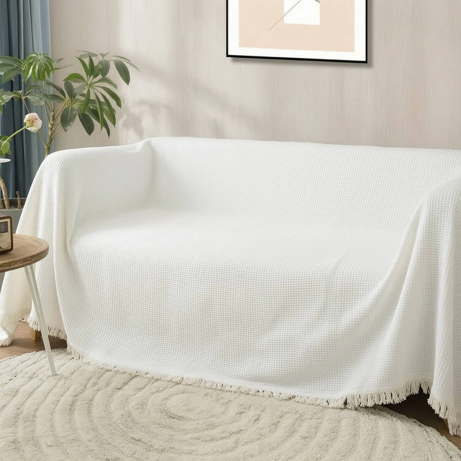 Sofa Throw with Fringe Waffle-Textured Sofa Cover with Tassels Couch Cover Cotton Couch Throw Blanket Woven for Living Room