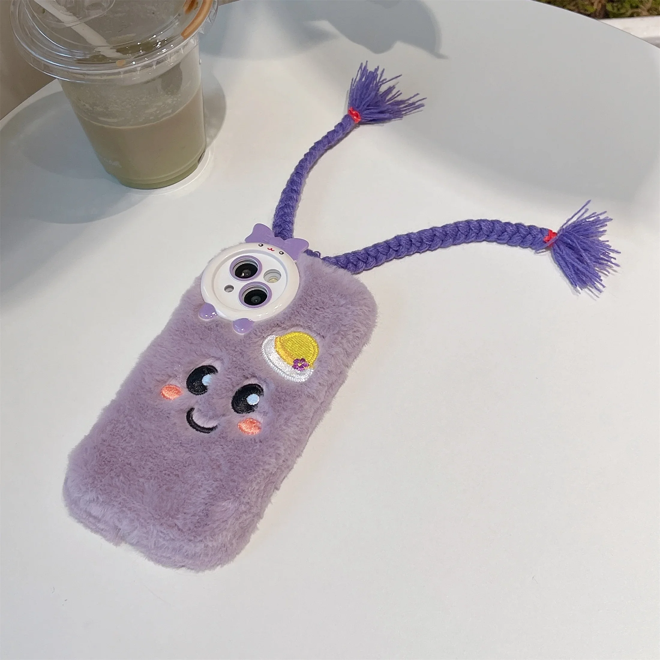 เคสโทรศัพท์ถักเปียสีม่วงน่ารักสำหรับ IPhone16 15 14 13 11 12 Pro สูงสุดขนเฟอร์อบอุ่นกันกระแทกฝาครอบป้องกันการตก