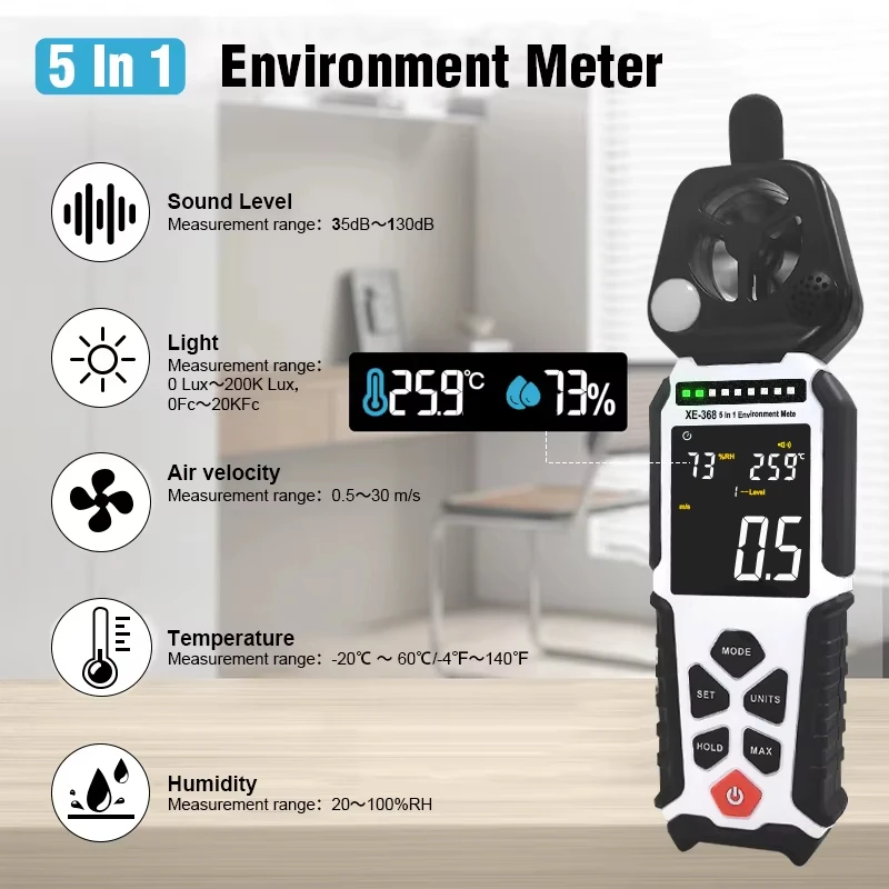 Portable 5-in-1 Digital Multifunctional Environment Meter Includes Moisture Meter