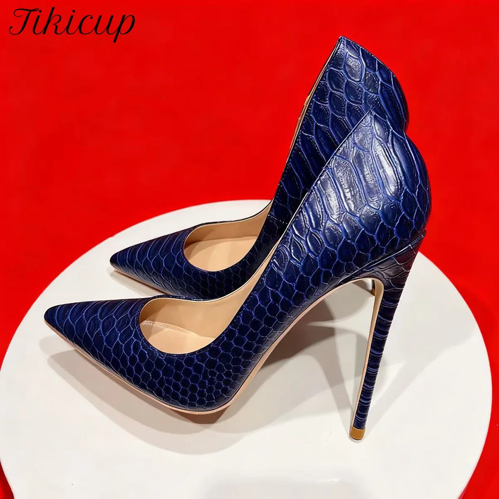 فستان أنيق مضخات مع 12 سنتيمتر كعب عالي نحيف البحرية تمساح تأثير المرأة أشار تو خنجر مضخات مريحة أحذية الحفلات المسائية