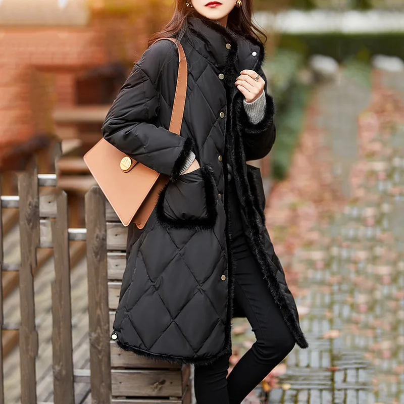 

Spring new Korean version imitation mink edge wool cotton jacket for women, loose mid length white fashion warm coats