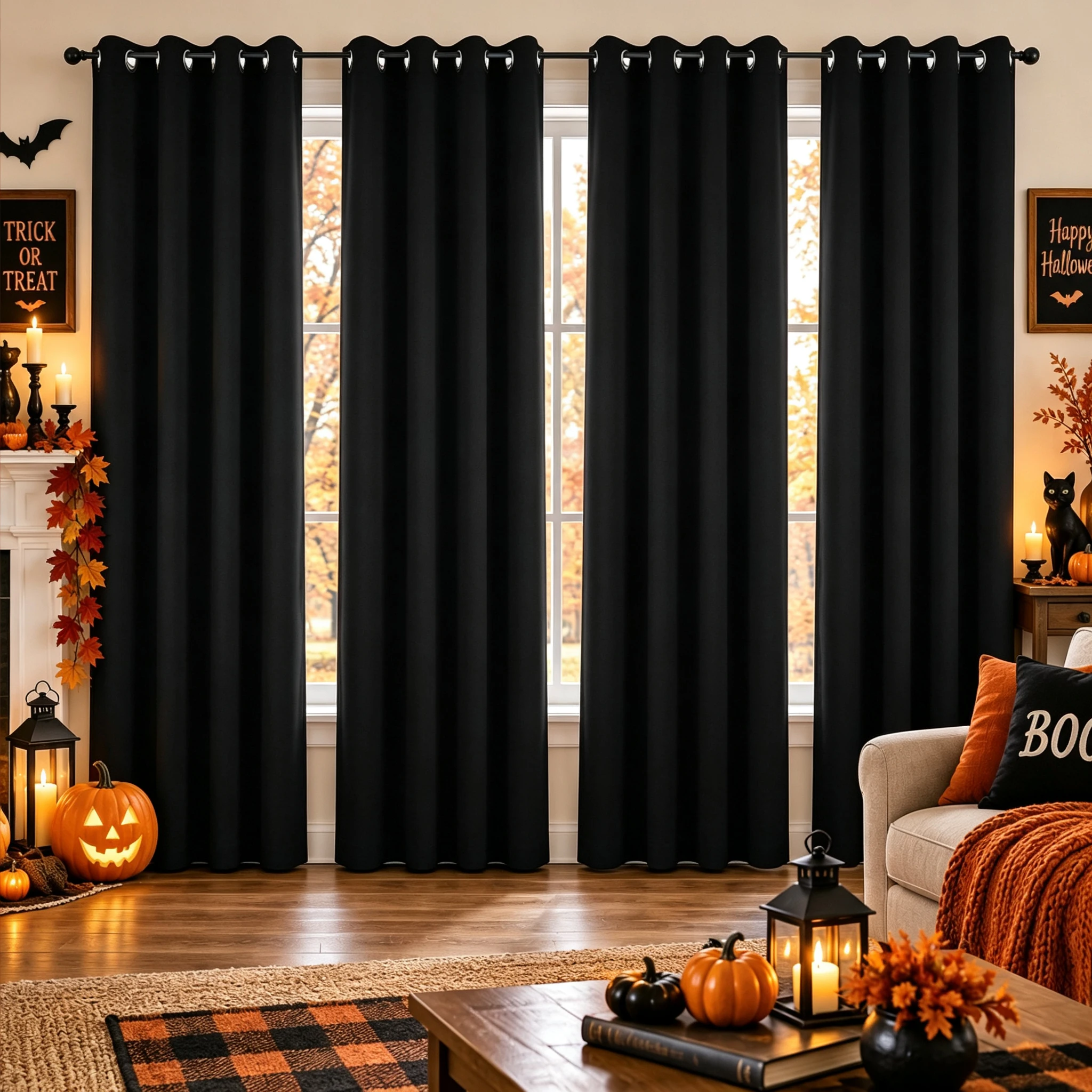 Halloween Home Decor Blackout Curtains 4 Panels Solid Color Grommet Thermal Insulated Noise Reducing Drapes for Bedroom