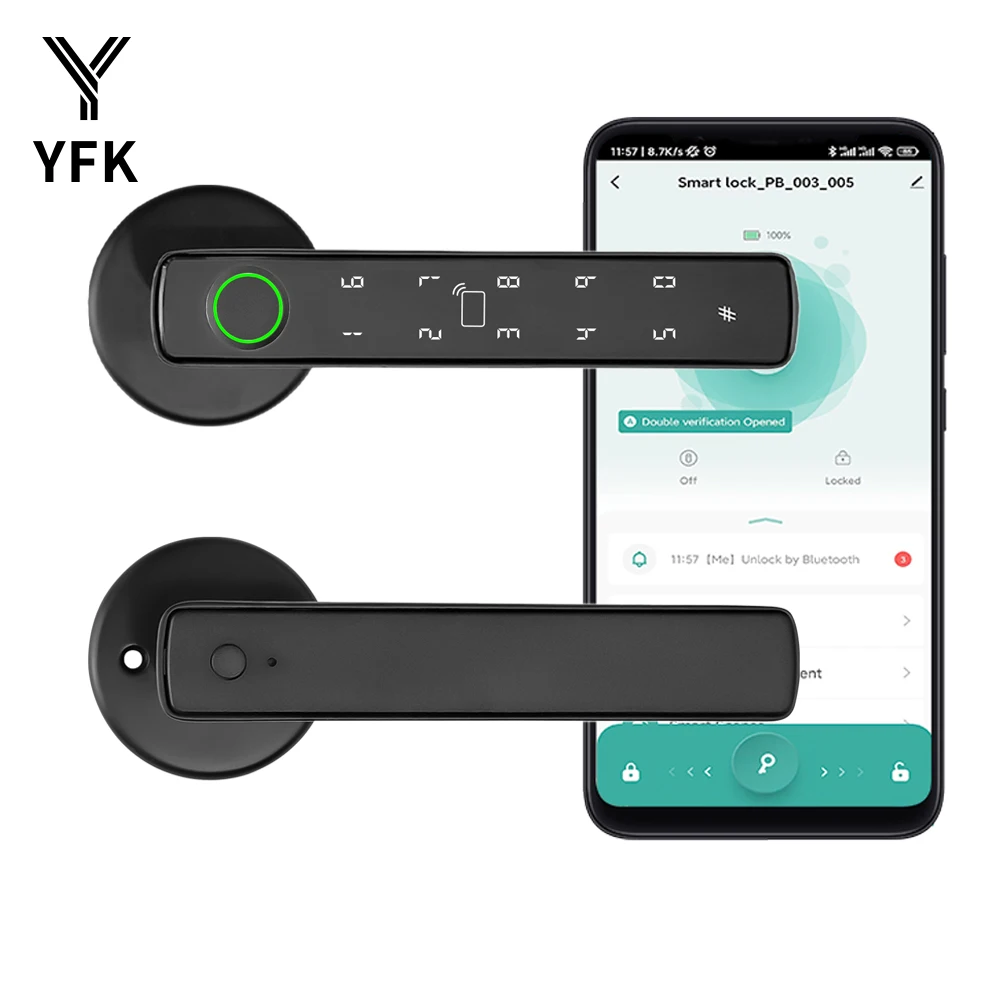 Tuya Bluetooth Smart Fingerprint Door Lock 5 Ways Unlock IC Card NFC Password Temporary Code Smart Life App Handle Lock for Home Office Hotel Indoor Wooden Door