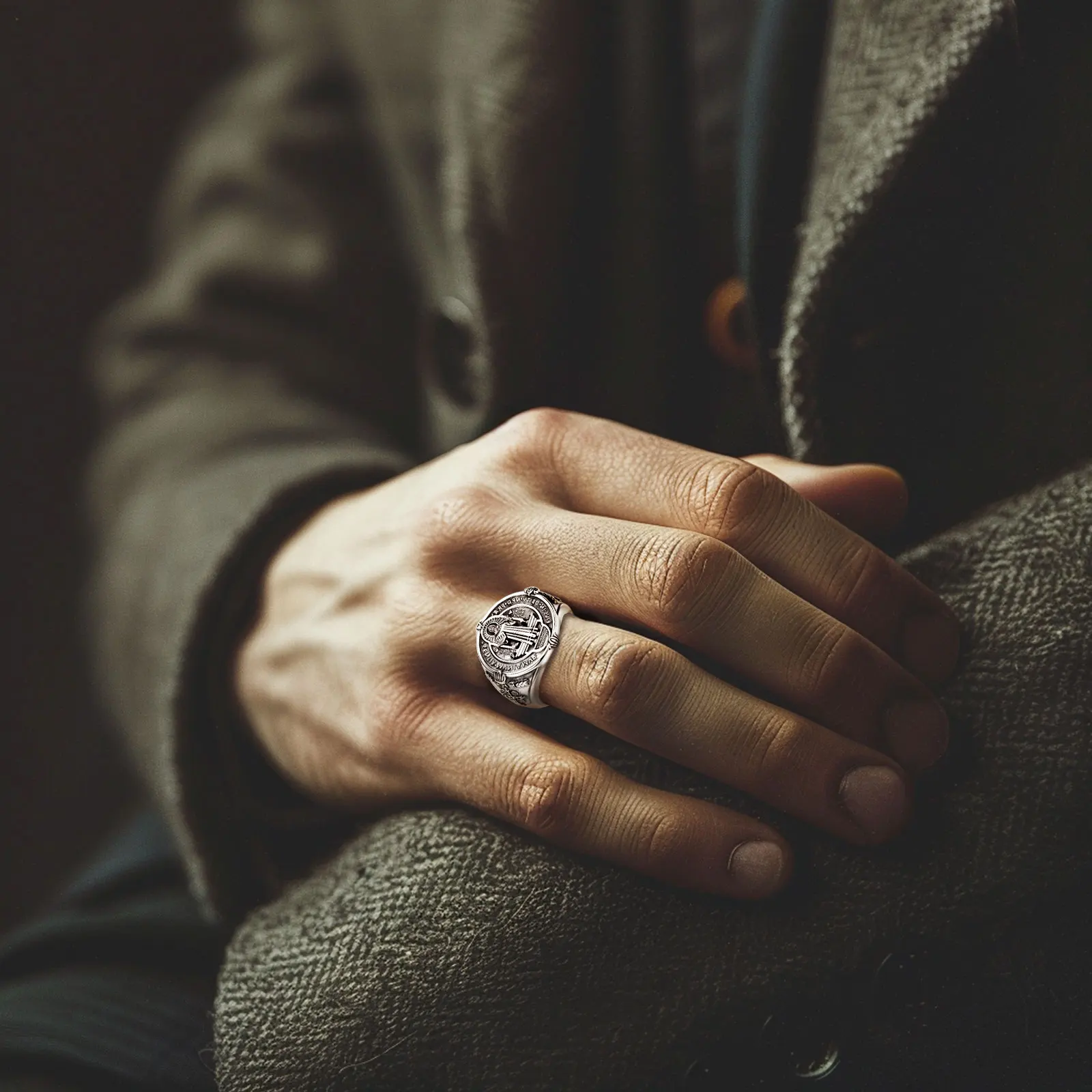 Eudora 925 Sterling Silver Saint Benedict Ring San Benito Medal Adjustable Ring Catholic Jewelry Religious Gift for Men Women