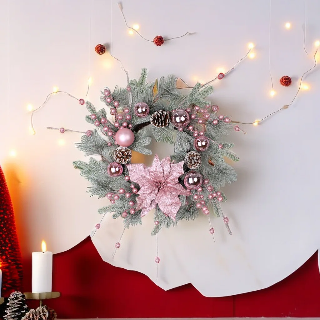 Pink Christmas Wreath for Front Door Christmas Door Wreath Rattan Hanging Ornaments for Door Window Mantle New Year Home Decor