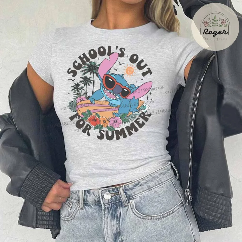 

Летняя детская футболка Stitch School's Out, укороченный топ, футболка Hawaii Aloha Croptop Baby Tee, летняя женская футболка для пляжного отдыха, детская футболка