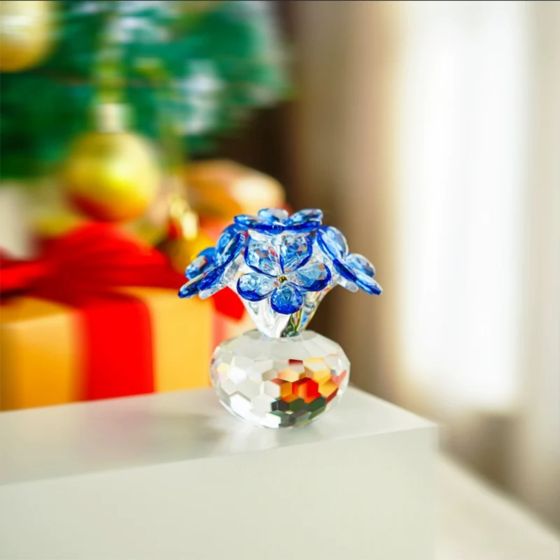 Blue Forget Me Not Flower Crystal Glass Ornament Home Office Desktop Decoration Mother's Day Gift