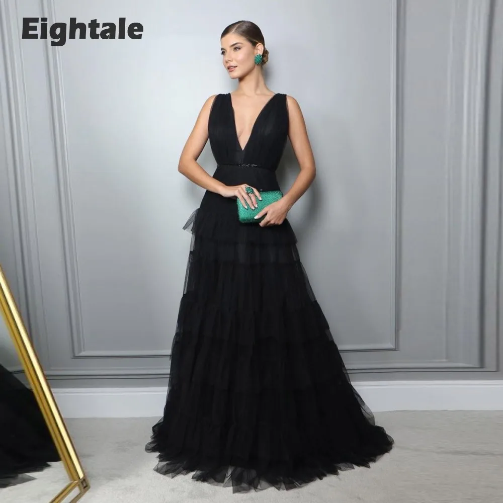 

Eightale Black Evening Dress for Wedding Party Deep V-Neck Tulle A-Line Arabic Backless Tiered A-Line Formal Prom Gowns Vestido