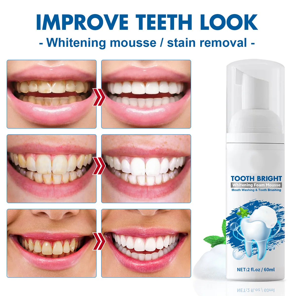 معجون أسنان موس مبيض 60 مللي لتنظيف الأسنان بشكل فعال العناية بالفم نفس منعش تصميم محمول للاستخدام المنزلي رغوة موس #1