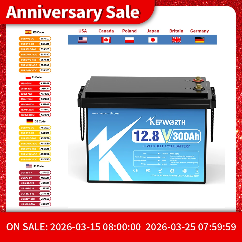 KEPWORTH KEPPunta TH-Batterie au Lithium Fer Phxing avec BMS Amélioré, 12V, 180Ah, 300Ah, 6000 Cycles, pour Automobiles, Campers, Voiturette de Golf, Tout-Terrain, Hors Réseau