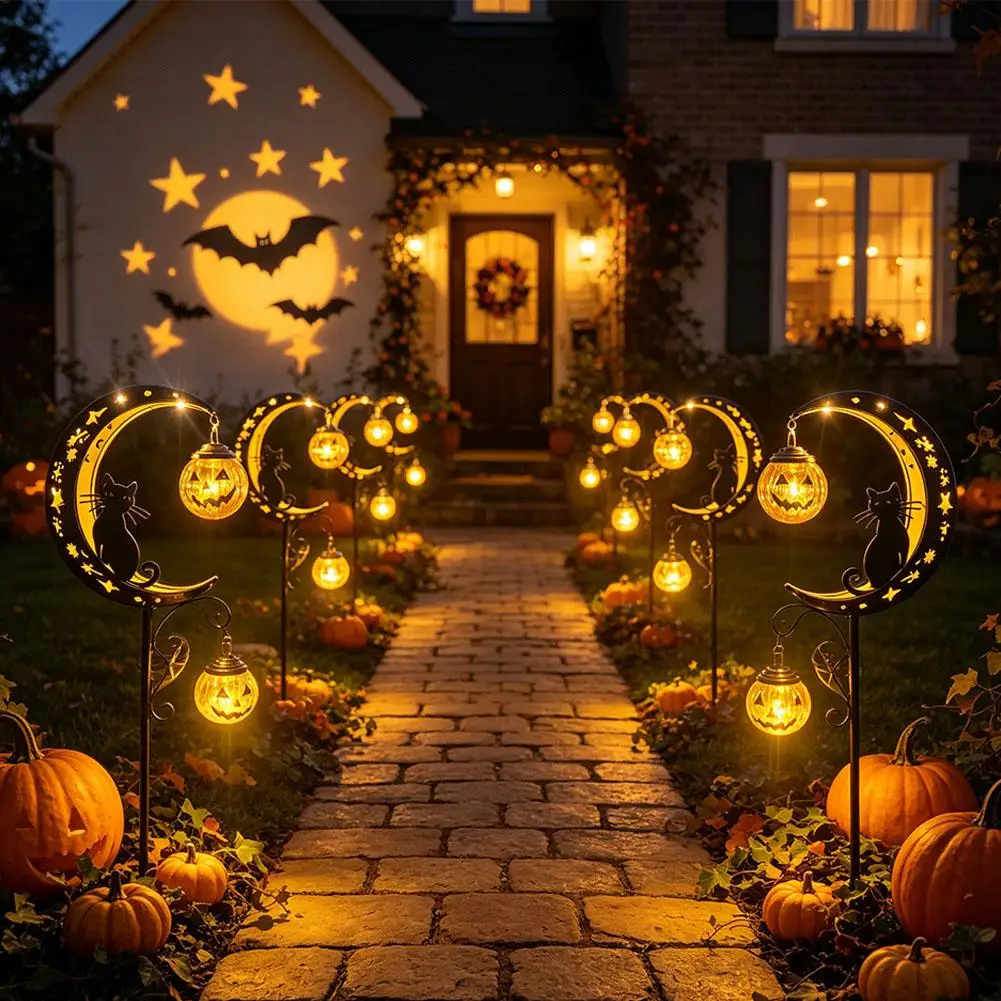 Halloween Outdoor Garden Stake Light, Rustproof Metal Moon Black Cat Pumpkin Lantern, Yard Path Decor Lamp for Holiday Decor view 2