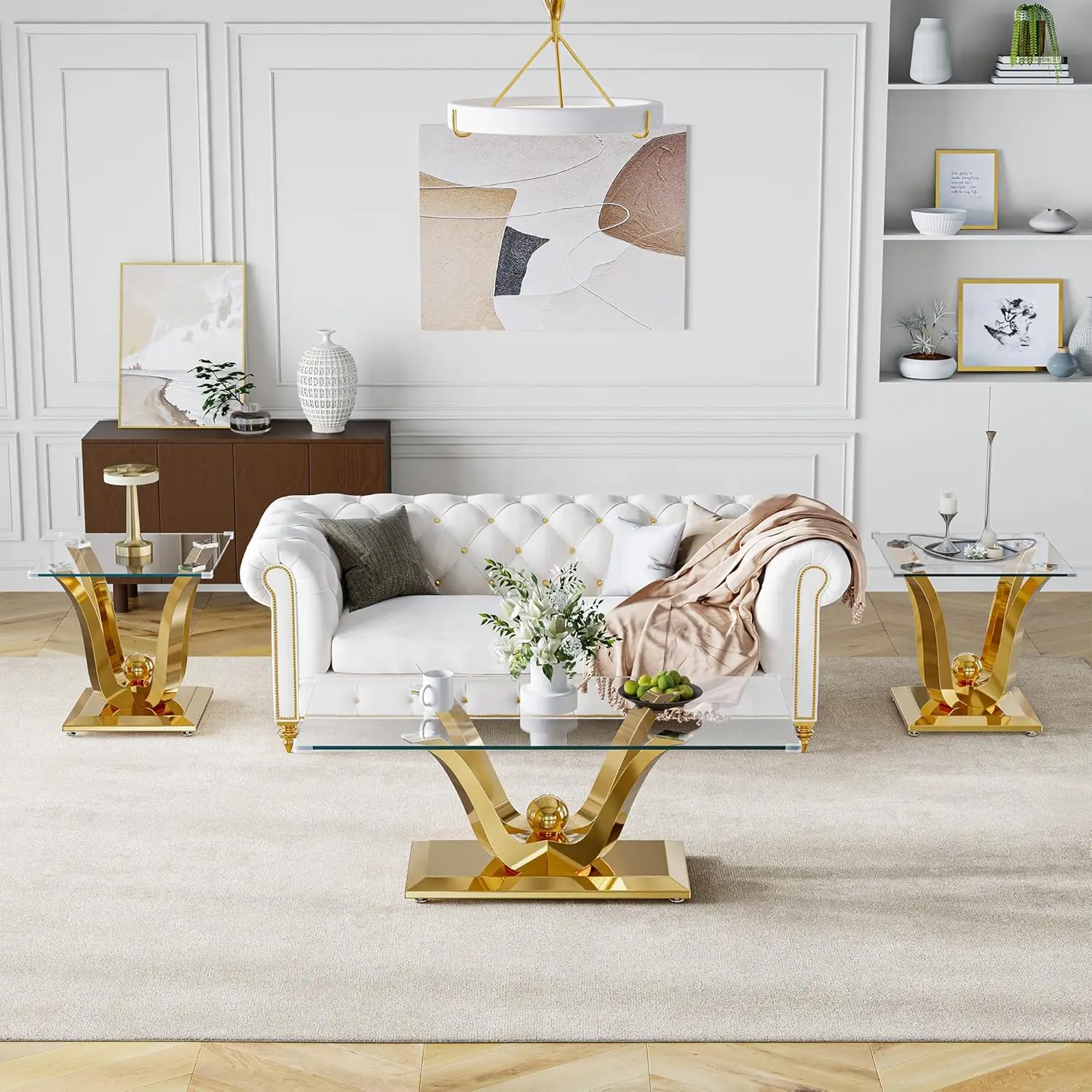 Rectangular Glass Coffee Table Set Of 3- Modern Center And 2 End Tables, Clear Tempered Glass Top With Gold Mirrored Stainless S