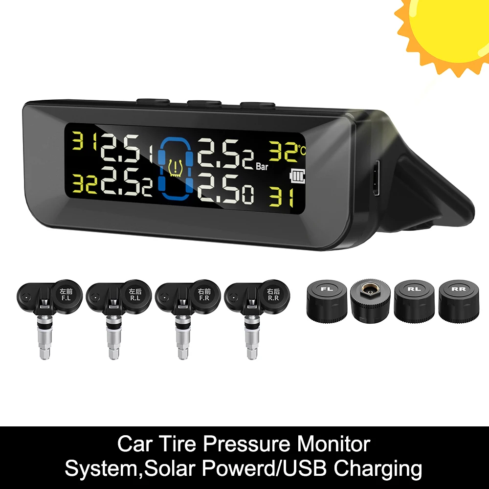 Digital LCD Display Car Tire Pressure Monitoring System Auto Security Alarm Systems Solar/USB Powered TPMS Real Time Monitor