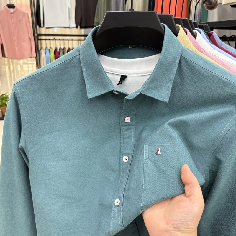 men's cotton100%  autumn high quality shirt lapel embroidery pocket long sleeves leisure business skin-friendly men clothing top