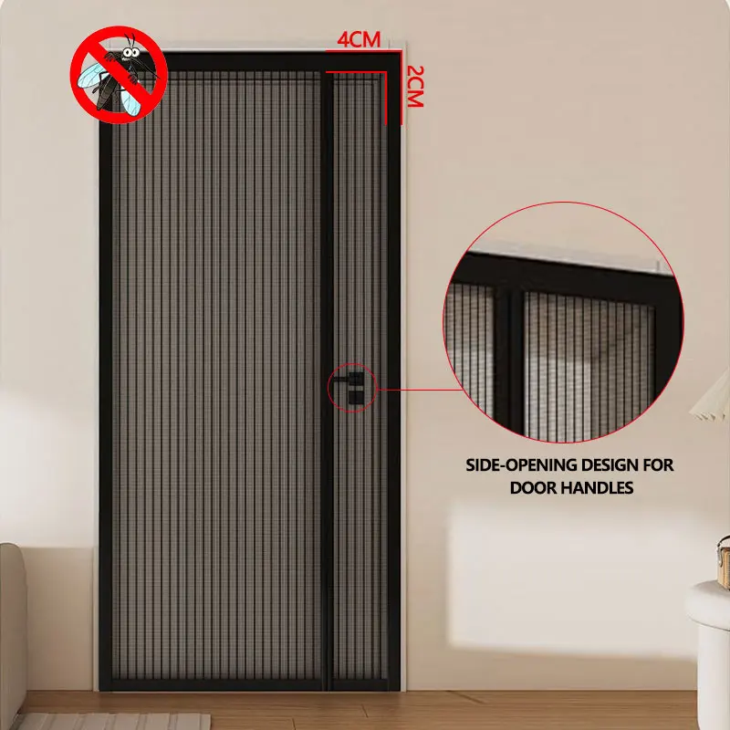 Side-opening Magnetic Dense Striped Mesh Door Curtain Anti-mosquito Anti-scratch Removable Washable No Drilling