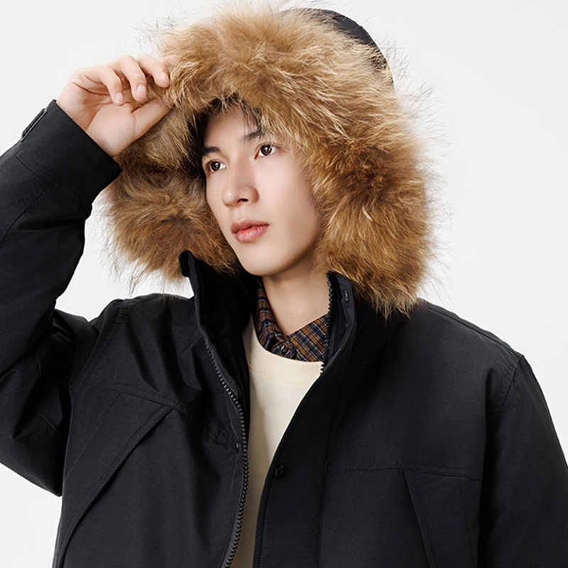 

Men's down Jaet 2025 Winter New Sle Couple Hood Outdoor Sports Mid-Length Fur Collar Parka Coat Upper Wear Nylon Fabric