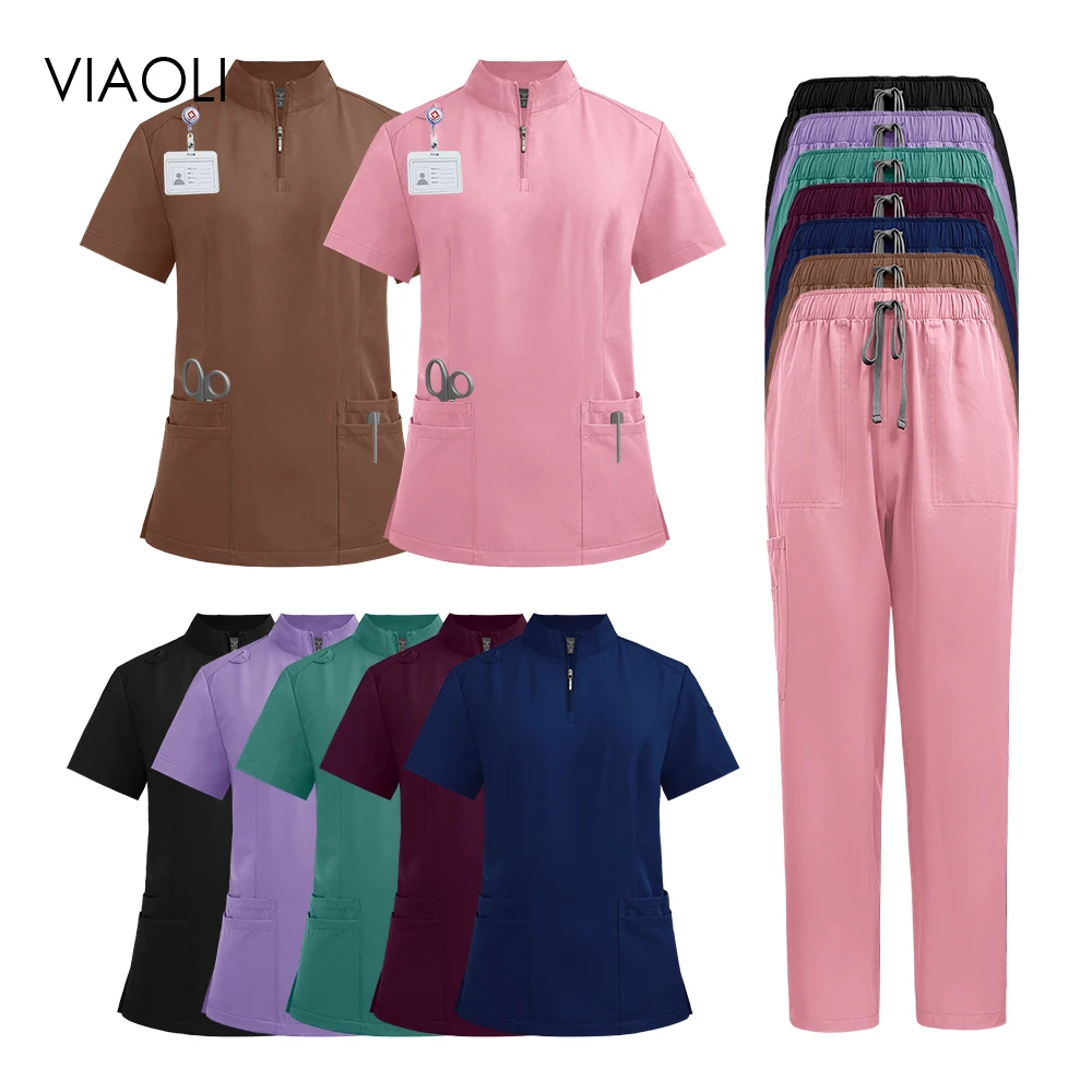 High Quality Zippered Stand Up Collar Workwear Surgical Uniforms Woman Unisex Medical Scrub Beauty SPA Uniform Nurse Accessories