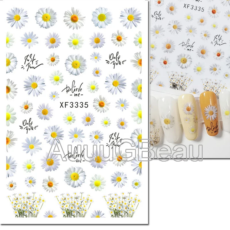 3d Nail Art Decals Summer Daisy Florals Sunflowers Palm Leaves Adhesive Sliders Nail Stickers Decoration For Nail Tips Beauty