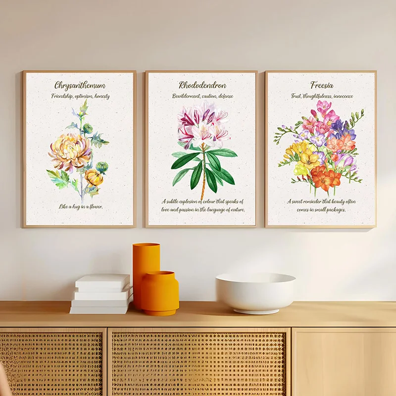 AZNM Vintage Watercolor Floral Canvas Wall Art Botanical Flower Language Print Frameless Canvas Painting Bedroom Farmhouse Decor