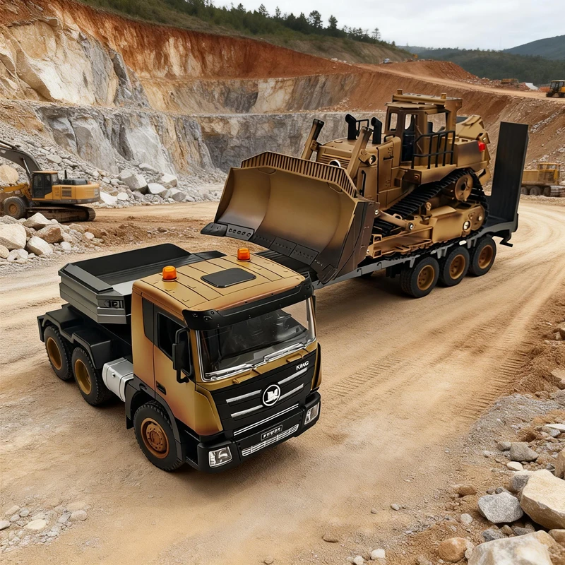 

9 Channel RC Semi Truck with Trailer + 1/18 2.4Ghz Full Functional Construction Vehicle, Rc Bulldozer Toys with Lights and Sound