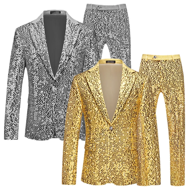 

High-quality Sequined Suits Men Clothing Gold / Silver Autumn / Winter New Male Wedding Banquet Party Dress Blazer and Pant