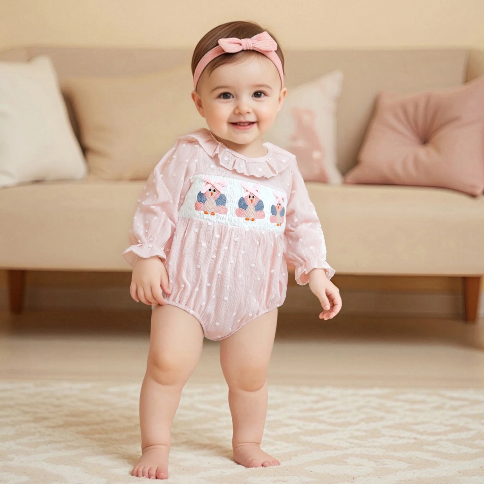

Baby Girls Dot Romper Thanksgiving Turkey Embroidery Long Sleeve Ruffled Round Neck Smocked Bubble Jumpsuit