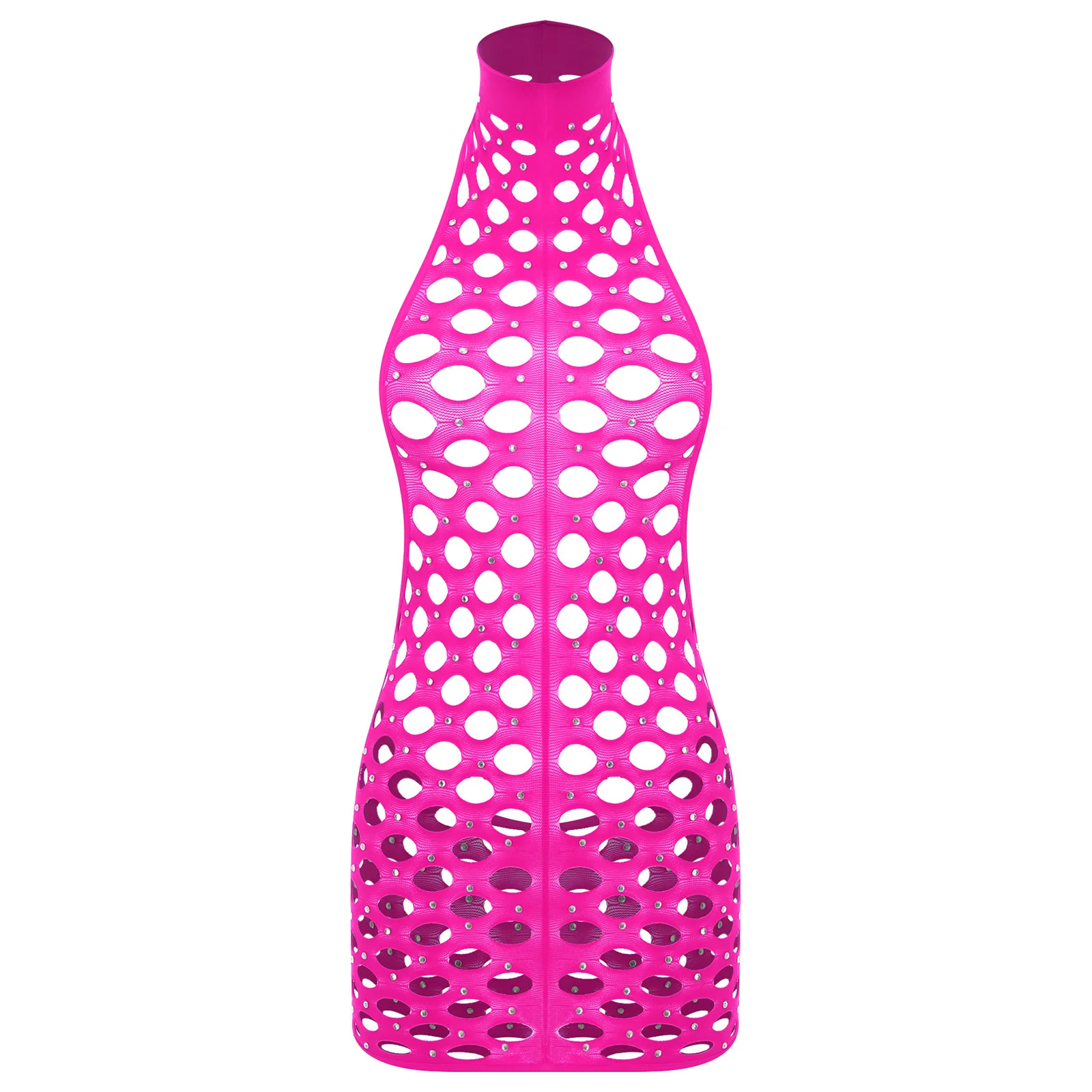 

Sexy Womens Sparkling Rhinestones Mini Dress Halter Sleeveless Backless Fishnet Dress Bodycon Stretchy Dress Tempting Nightwear
