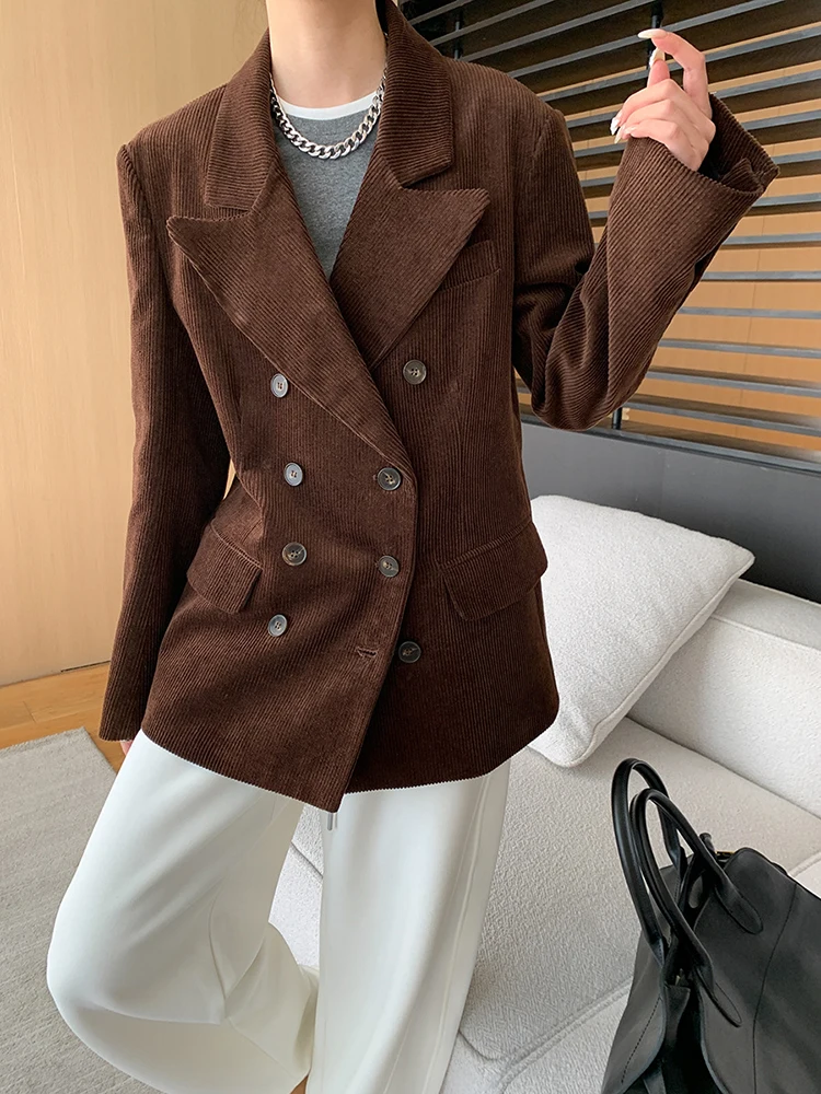 [LANMREM] Corduroy Blazers For Women Notched Double Breasted Long Sleeve Office Lady Vintage Coat 2024 Autumn New 26D9816