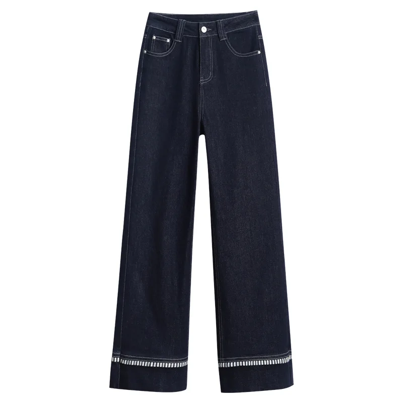 جينز أزرق داكن متعدد الاستخدامات للنساء، سروال ريترو فضفاض غير رسمي عالي الخصر لشخصيات صغيرة في الخريف