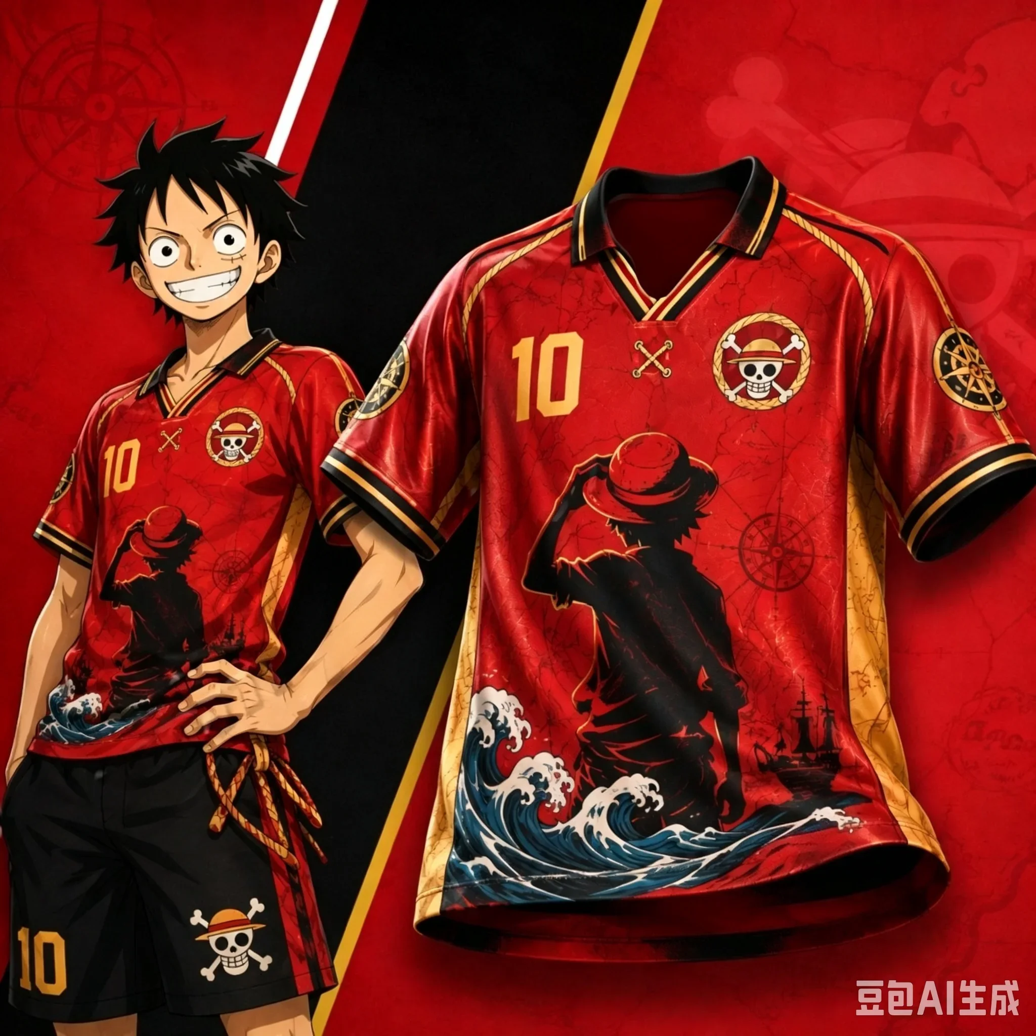 2026_27 Neues One Piece Luffy Series Fußballtrikot mit Kragen, Modisches Streetwear für Männer und Frauen, Unisex Anime Sportbekleidung, Familien-Partnerlook – Detail 11