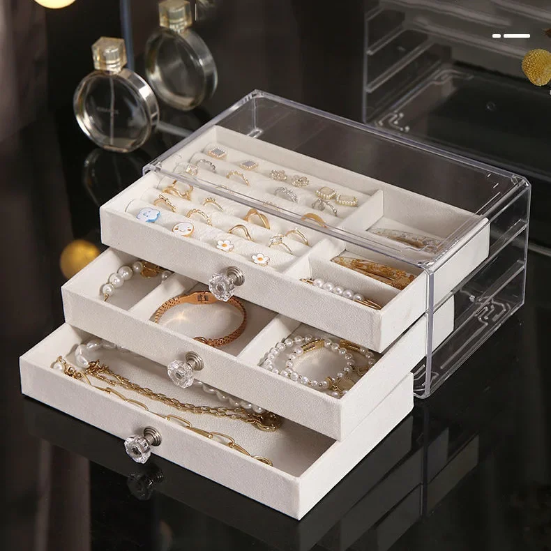 

New 3-layers Transparent Jewelry Organizer Large Ring Necklace Earring Makeup Holder Cases Velvet Jewelry Box for Women