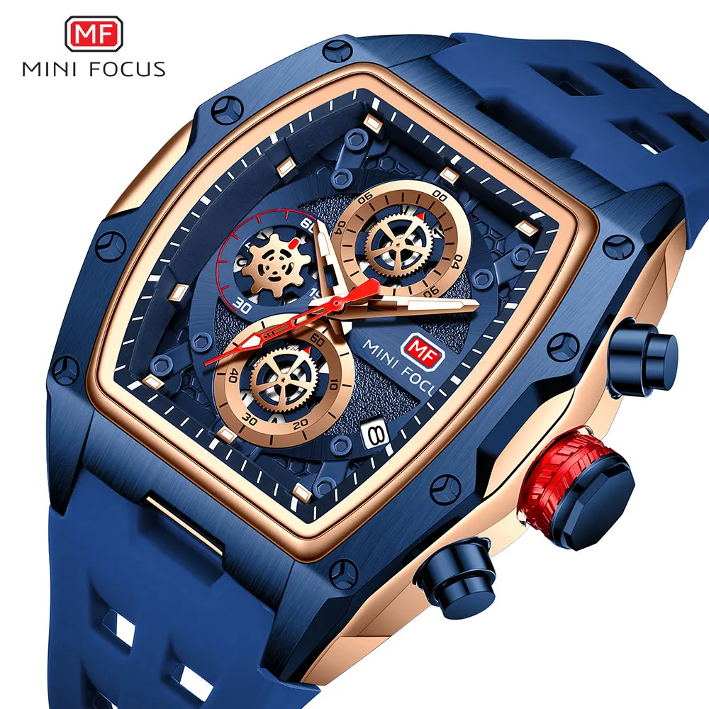 MINI FOCUS Blue Quartz Watch Men Fashion Military Sport Chronograph Wristwatch with Luminous Hands Auto Date Silicone Strap