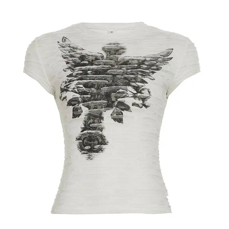 Aesthetic T-shirt Y2k Goth Harajuku Hole Vintage Punk Print 2000s Crop Top Sexy Chic Streetwear Tee Women Gyaru Rock Emo Fashion