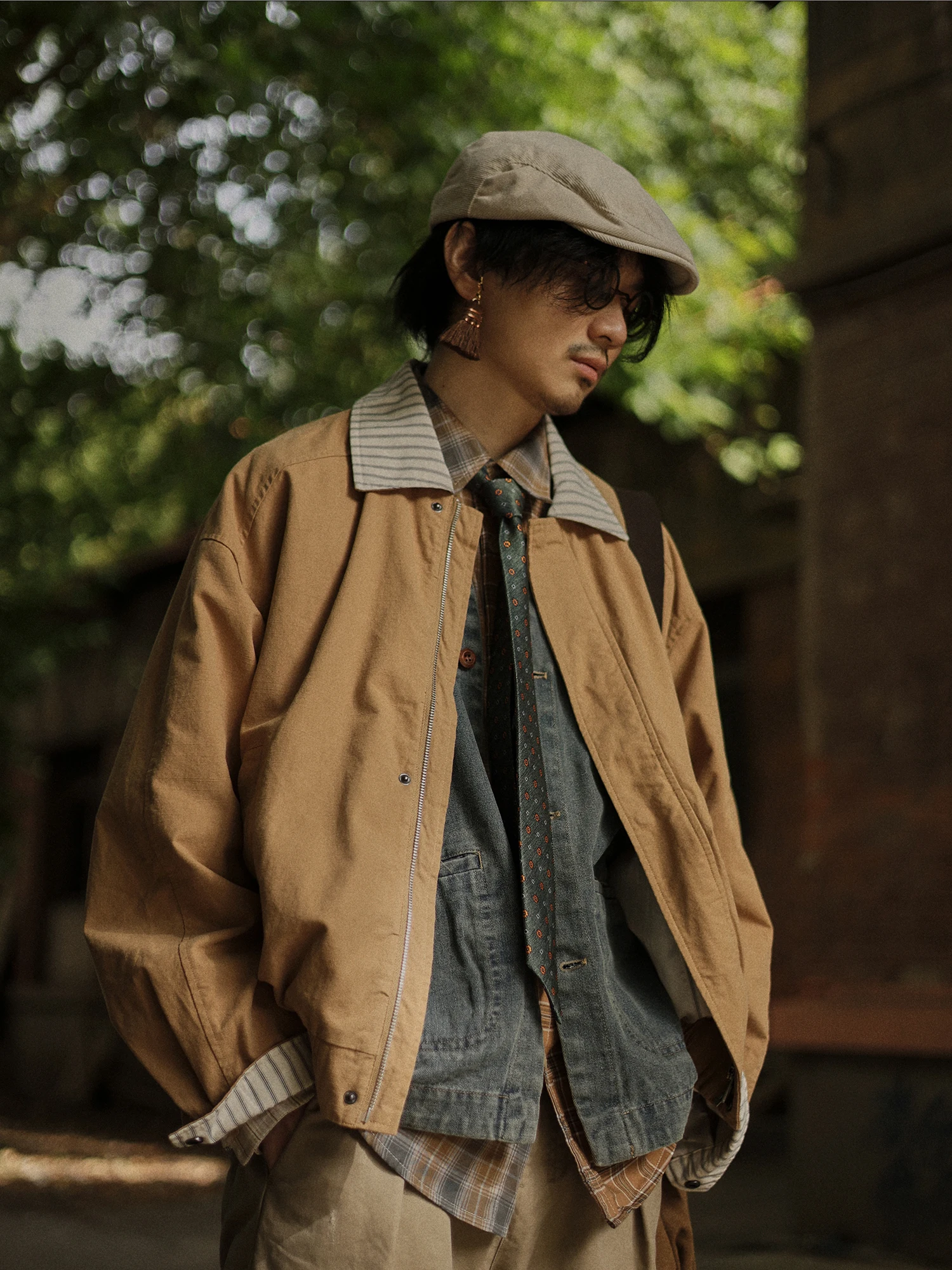 

Cleanfit Striped Patchwork Loose Fit Collar Jacket Unisex Japanese Style Autumn Outerwear Long Sleeve Retro Style Youth Coat