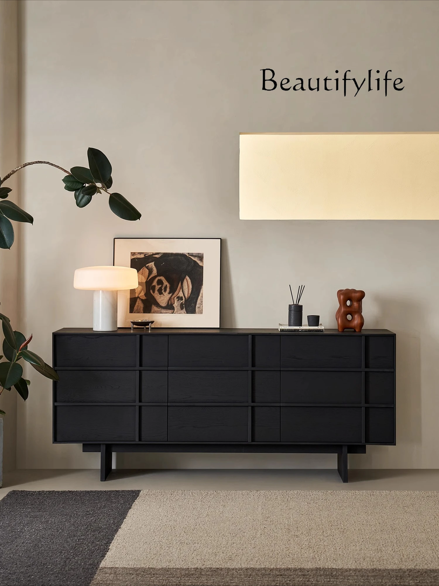 

Shino black nine-chest cabinet solid wood skeleton line Nordic simple retro storage bedroom storage cabinet