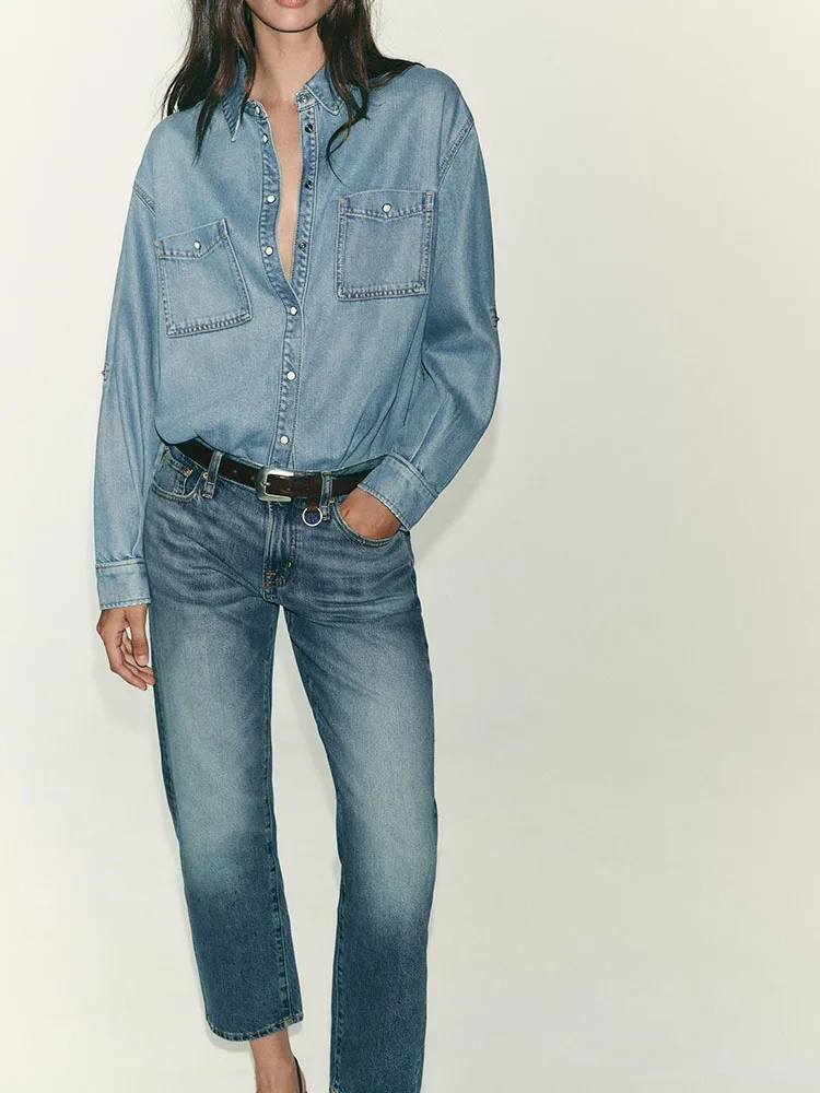 خريف 2025 جديد إمرأة Faion فضفاض طويل Sve بياقة الحلو الدنيم irt Ele Personali بدوره إلى أسفل طوق بنطال ذو قصة أرجل واسعة